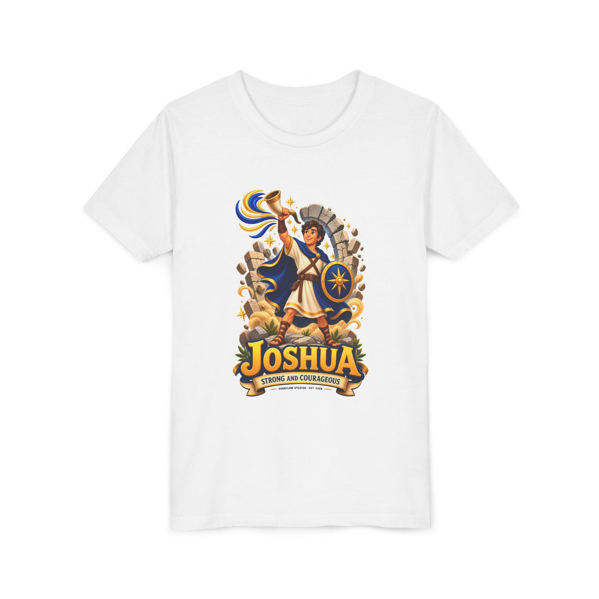 Joshua Kids T‑Shirt — ‘Strong and Courageous’ Biblical Warrior Youth Tee