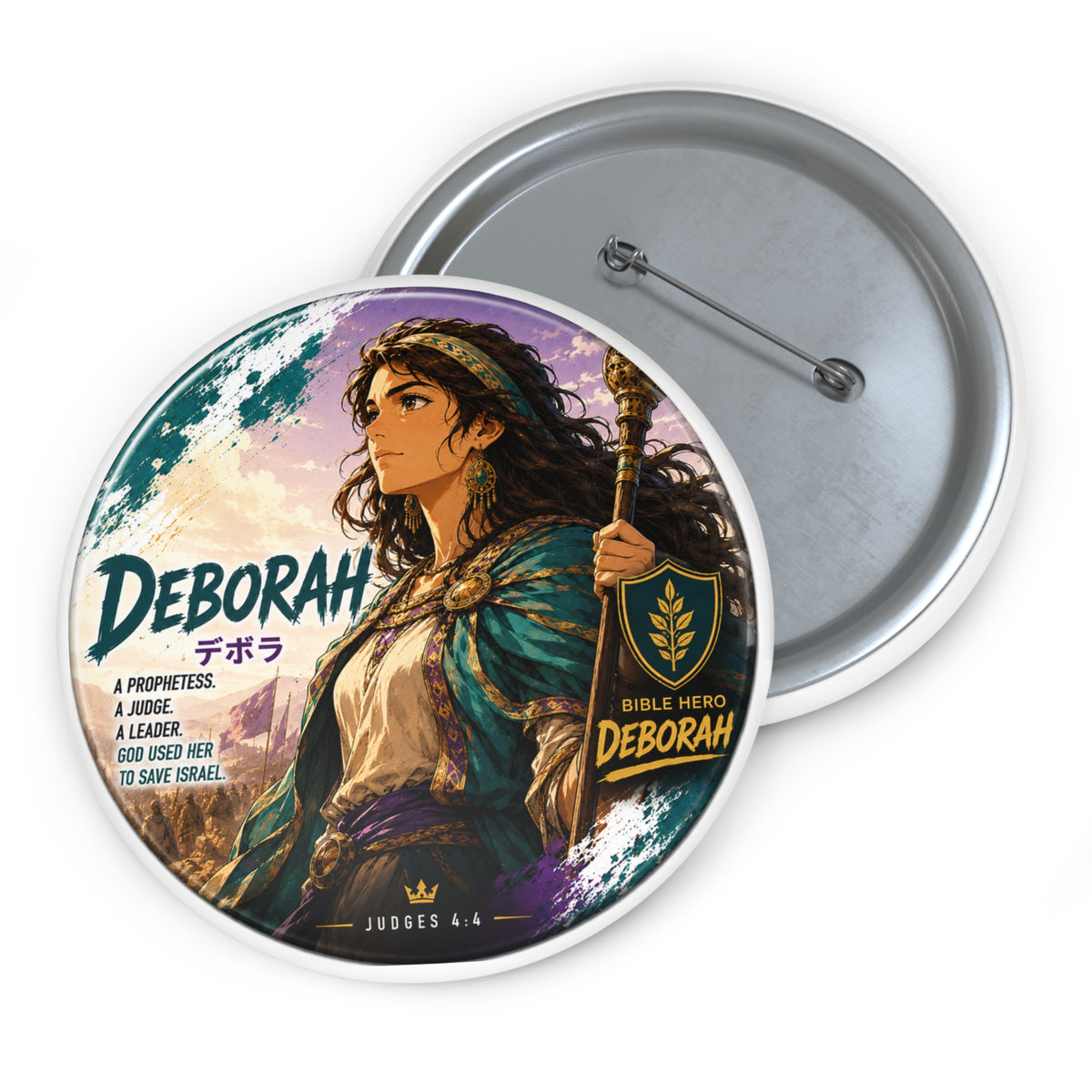 Deborah Illustrated Pin Button — Biblical Heroine Enamel-Style Badge