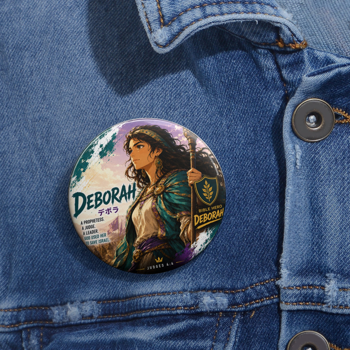 Deborah Illustrated Pin Button — Biblical Heroine Enamel-Style Badge