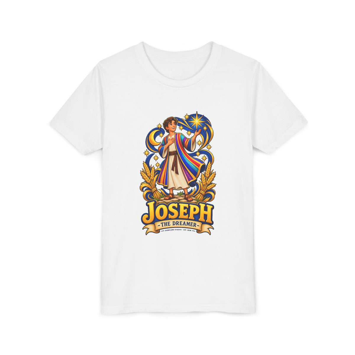 Joseph the Dreamer Youth T‑Shirt — Colorful Biblical Coat Design