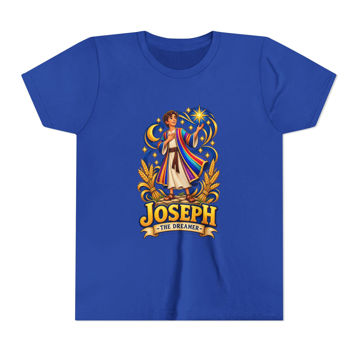 Joseph the Dreamer Youth T‑Shirt — Colorful Biblical Coat Design