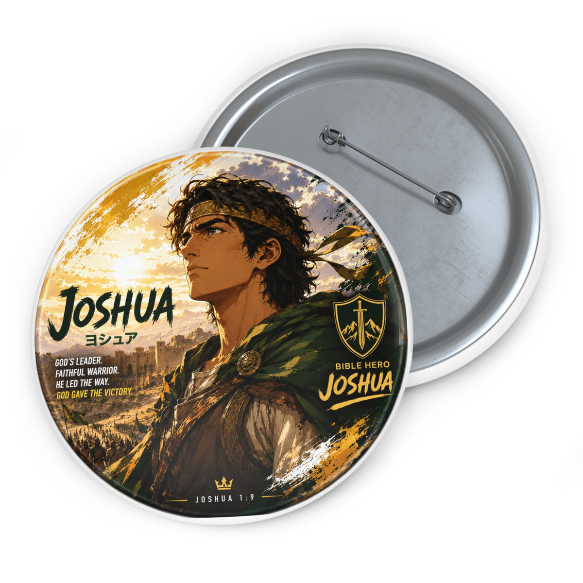 Joshua Anime-Style Round Pin Button — Biblical Hero Portrait Badge