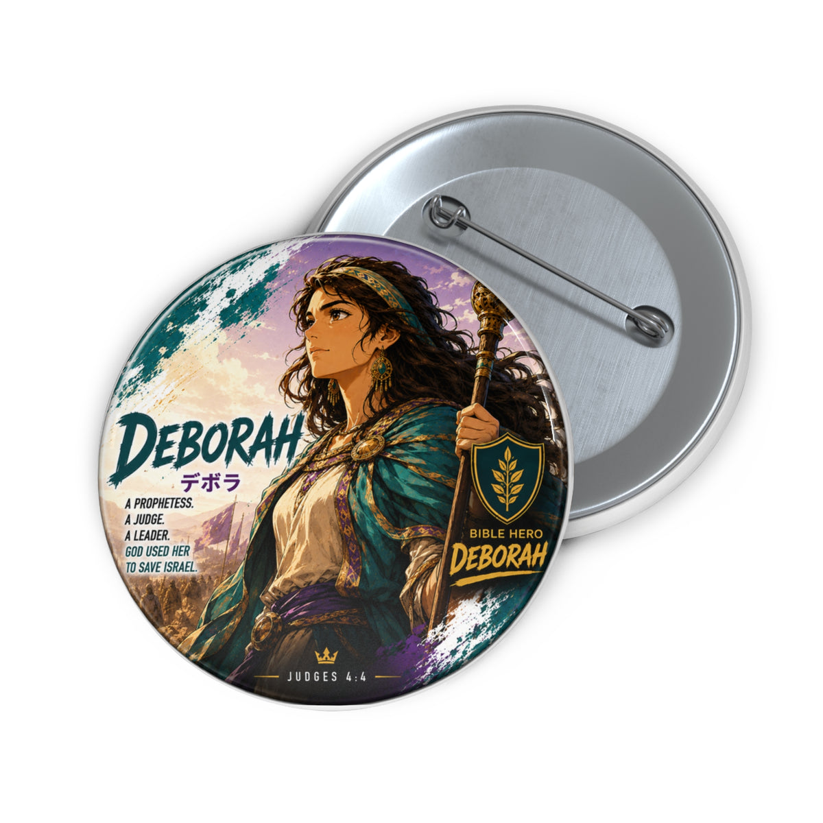 Deborah Illustrated Pin Button — Biblical Heroine Enamel-Style Badge