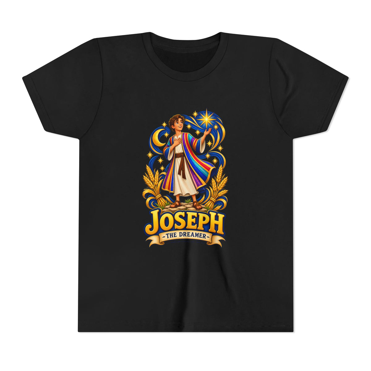Joseph the Dreamer Youth T‑Shirt — Colorful Biblical Coat Design