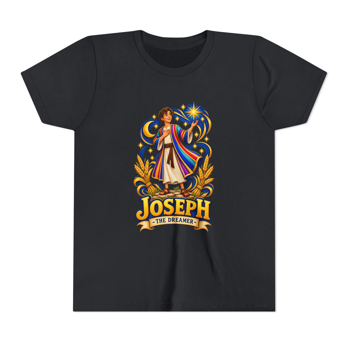 Joseph the Dreamer Youth T‑Shirt — Colorful Biblical Coat Design