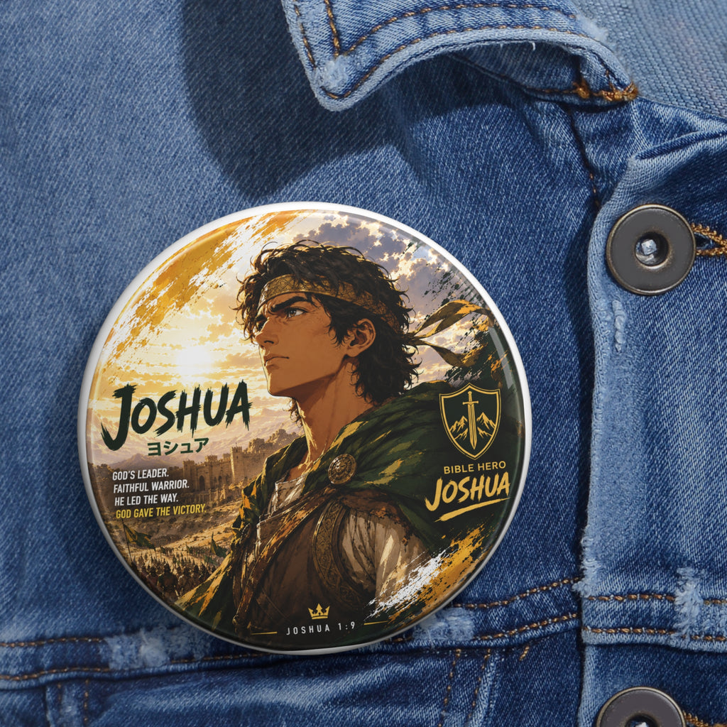 Joshua Anime-Style Round Pin Button — Biblical Hero Portrait Badge