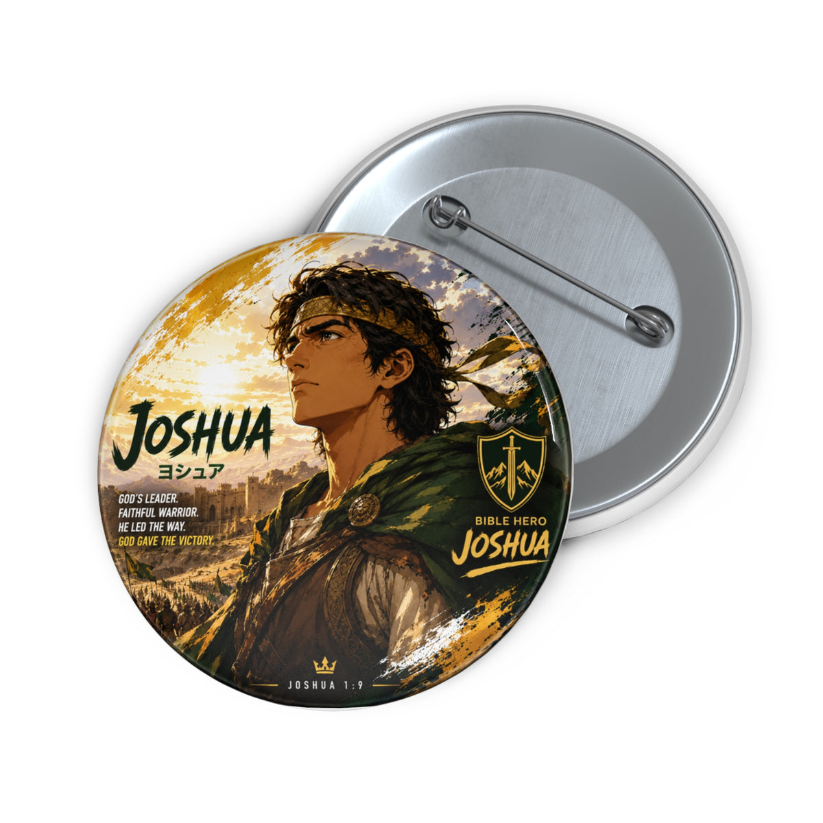 Joshua Anime-Style Round Pin Button — Biblical Hero Portrait Badge