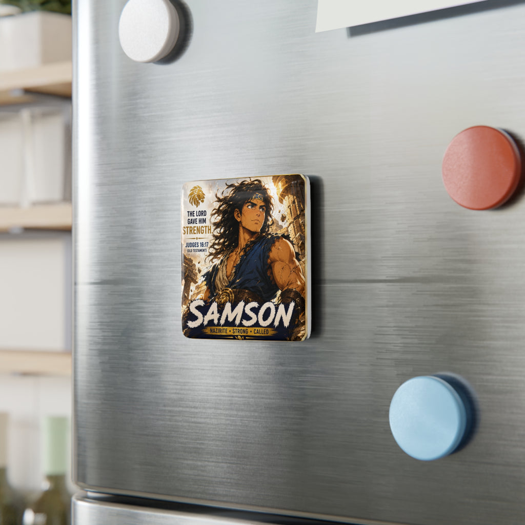 Samson Porcelain Square Magnet – "The Lord Gave Him Strength" Biblical Refrigerator Magnet