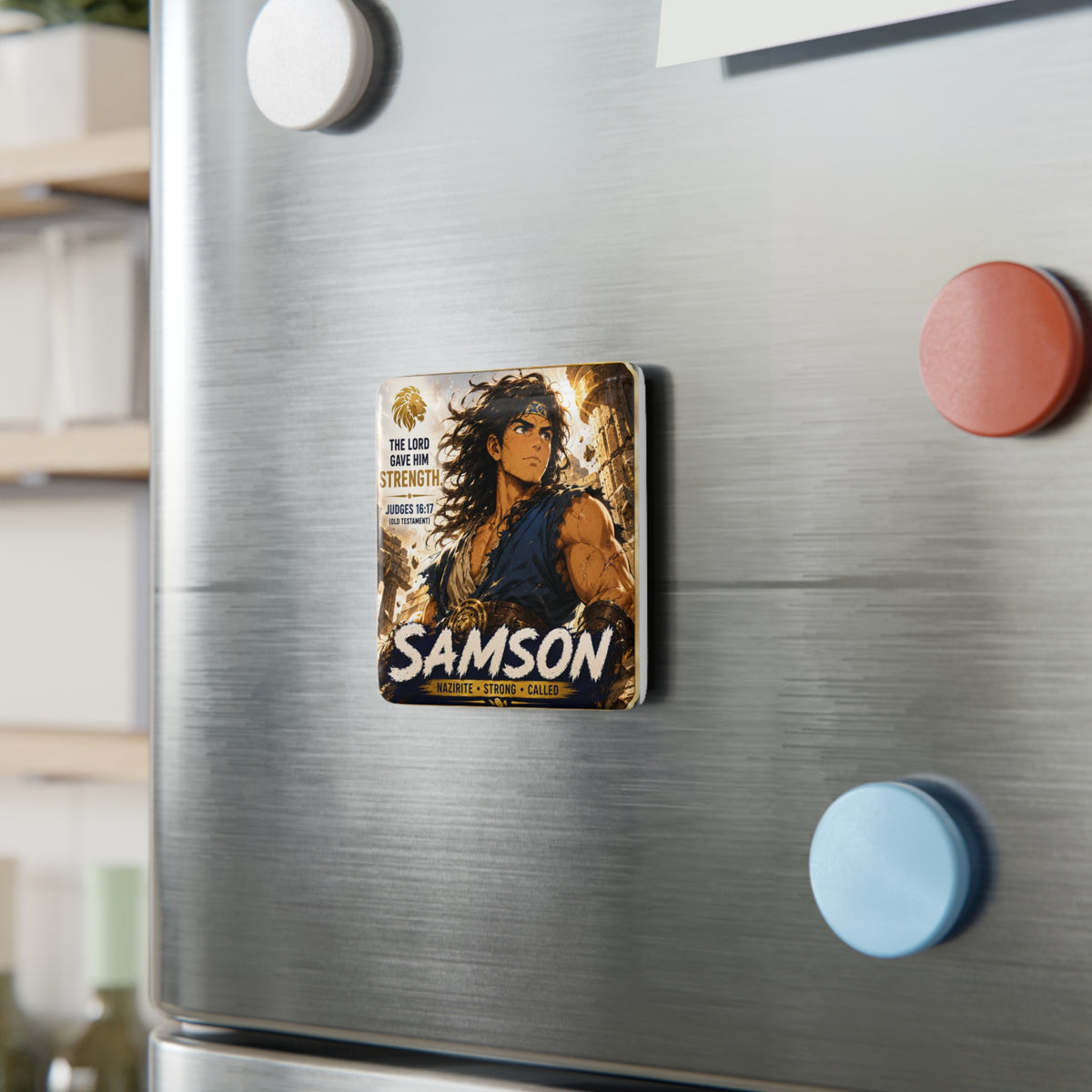 Samson Porcelain Square Magnet – "The Lord Gave Him Strength" Biblical Refrigerator Magnet