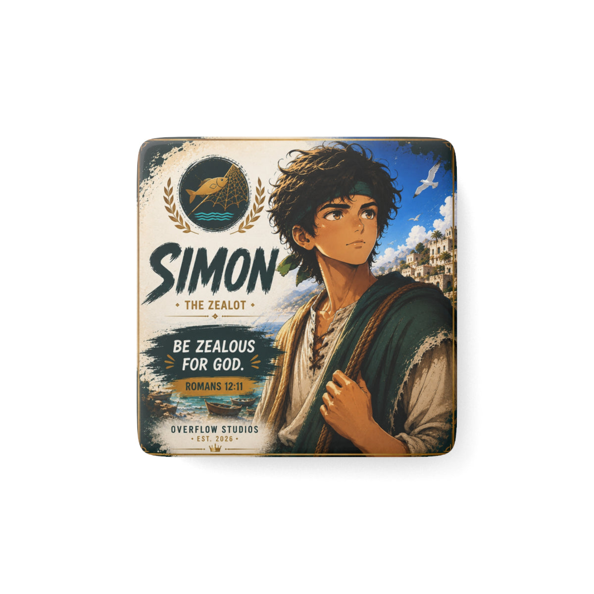 Simon Porcelain Square Magnet — "Be Zealous for God" Christian Faith Magnet (Romans 12:11)