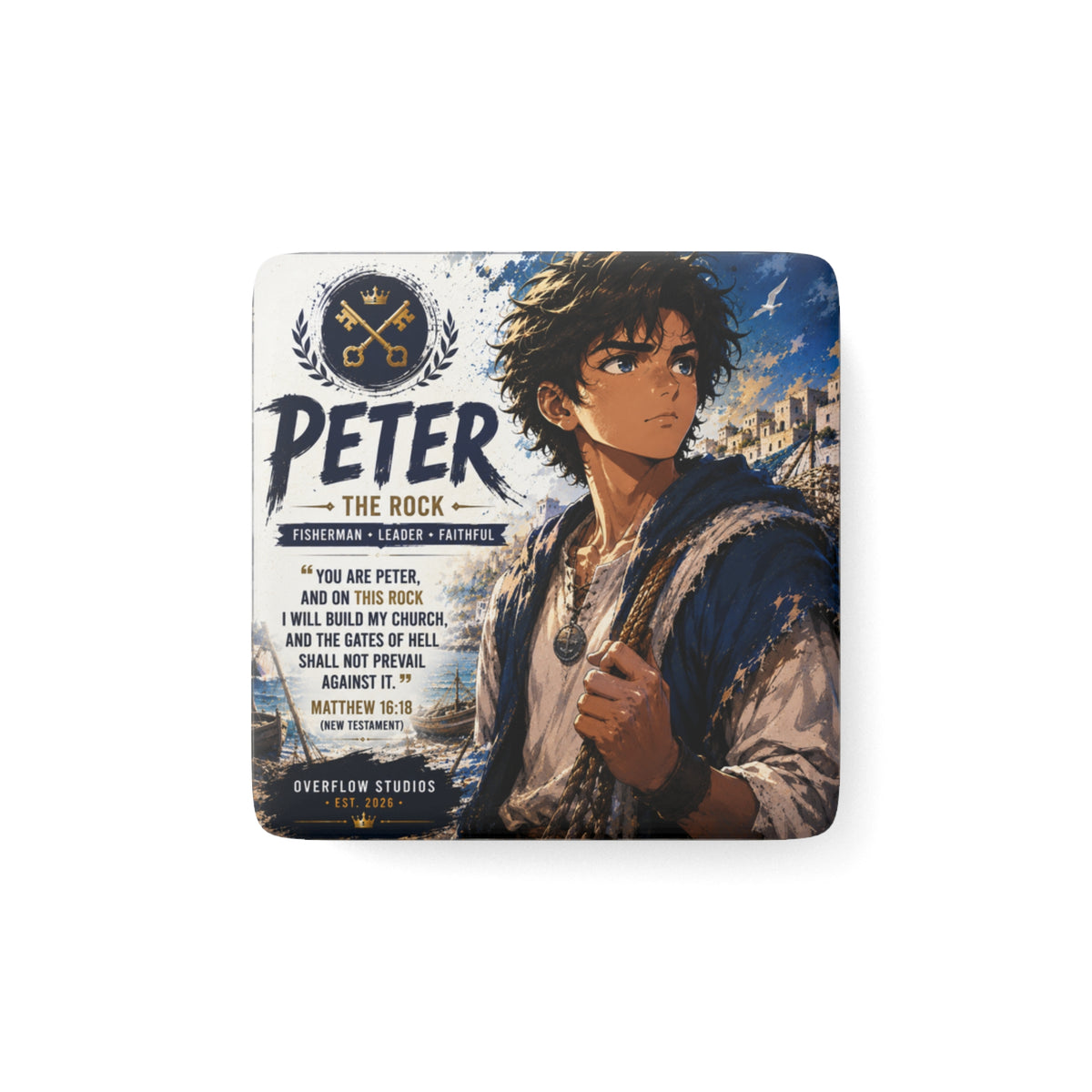 Peter 'The Rock' Porcelain Square Magnet — Matthew 16:18 Christian Anime-Inspired Faith Gift