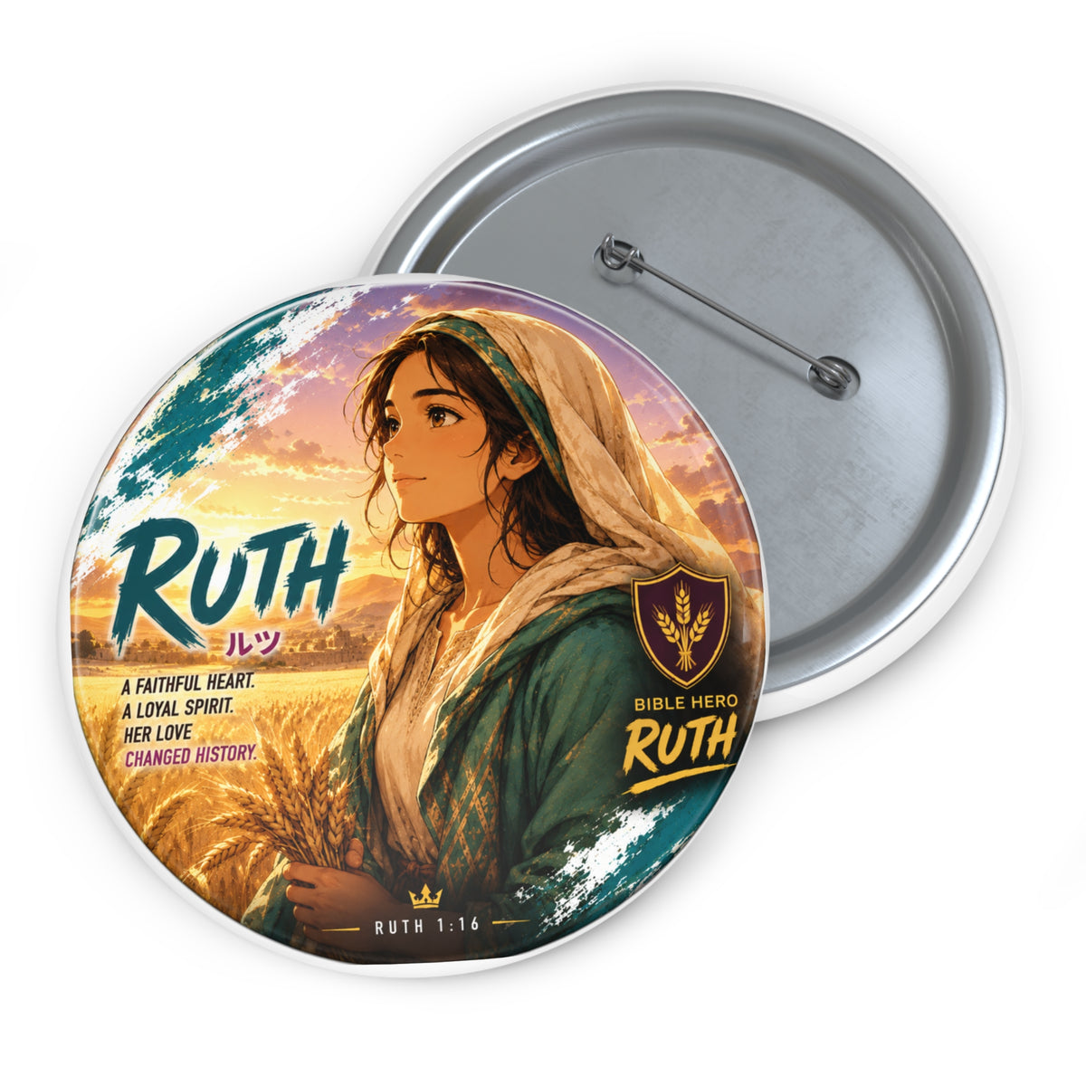 Ruth Illustrated Pin Button — Bible Heroine Faith-Inspired Enamel Badge