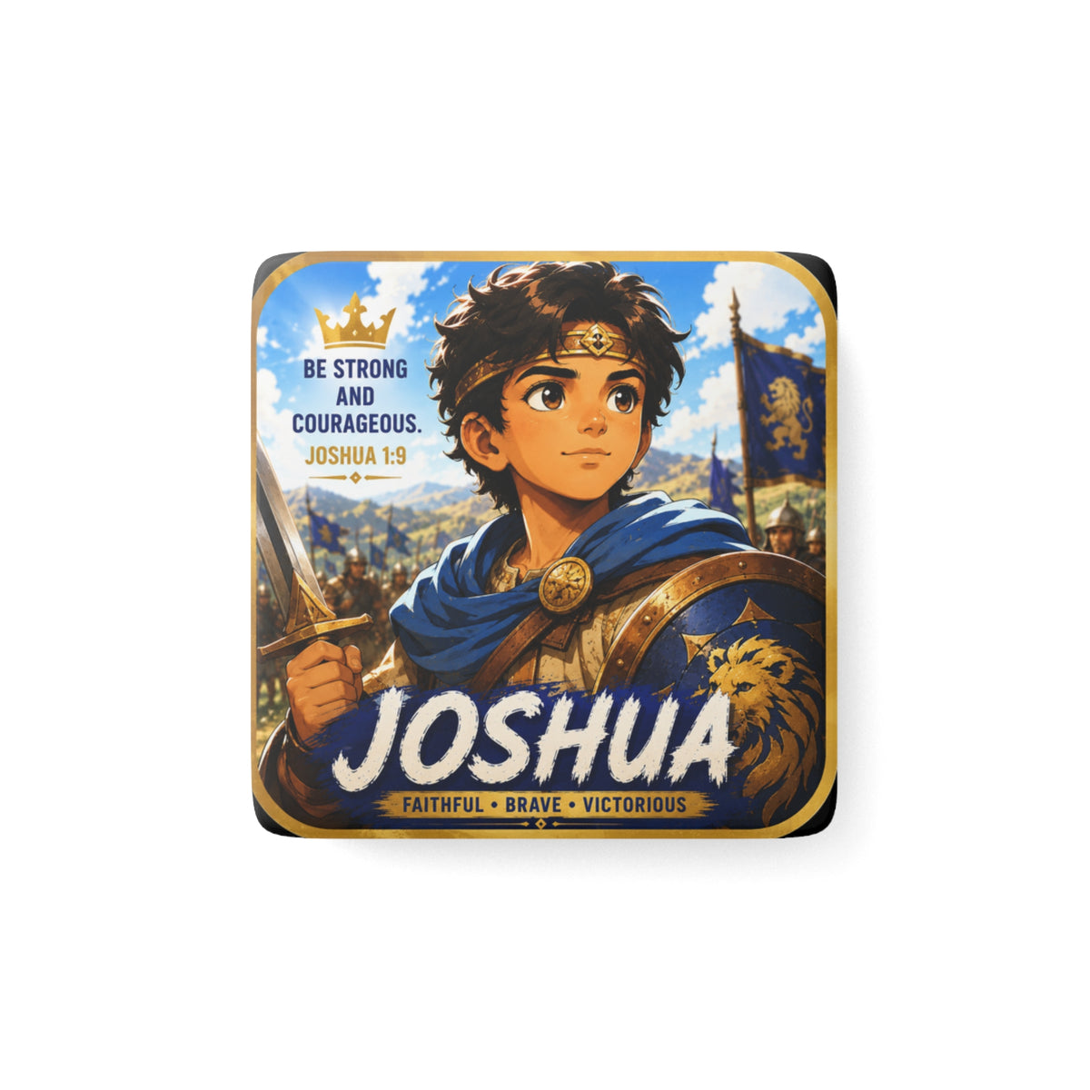 Joshua Porcelain Magnet — ‘Be Strong and Courageous’ Inspirational Bible Verse Square Magnet