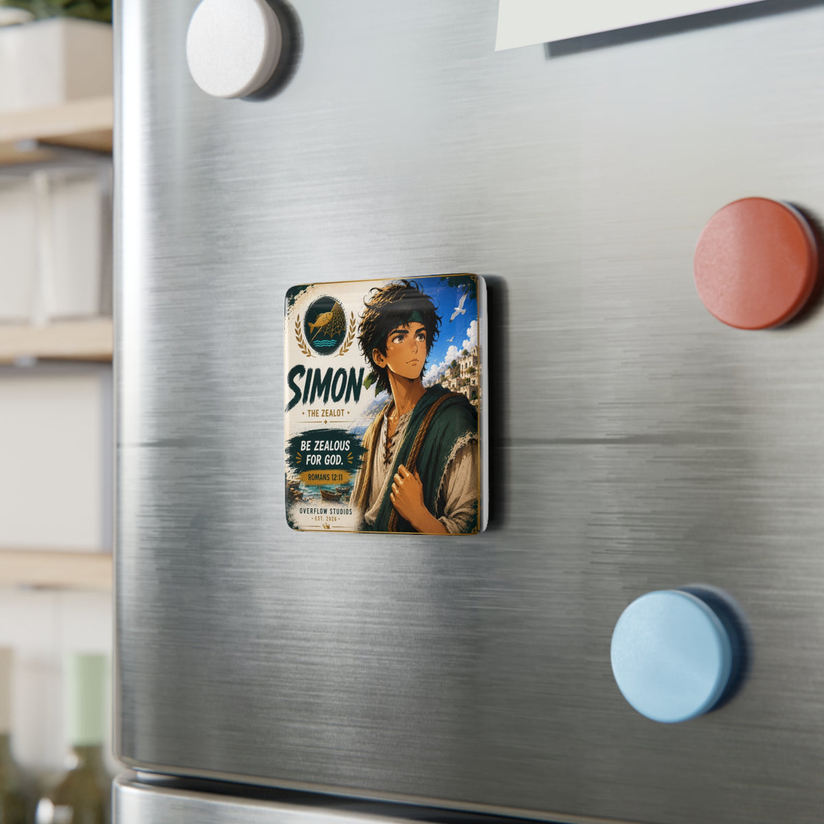 Simon Porcelain Square Magnet — "Be Zealous for God" Christian Faith Magnet (Romans 12:11)