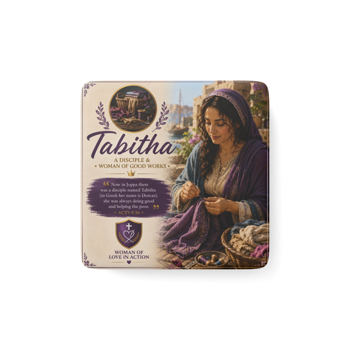 Tabitha Porcelain Square Magnet — ‘A Disciple & Woman of Good Works’ Inspirational Bible Verse Magnet