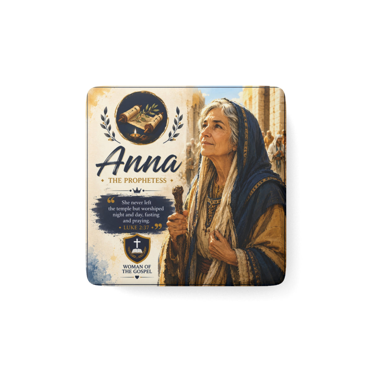 Anna the Prophetess Porcelain Square Magnet – Biblical Woman of the Gospel Keepsake
