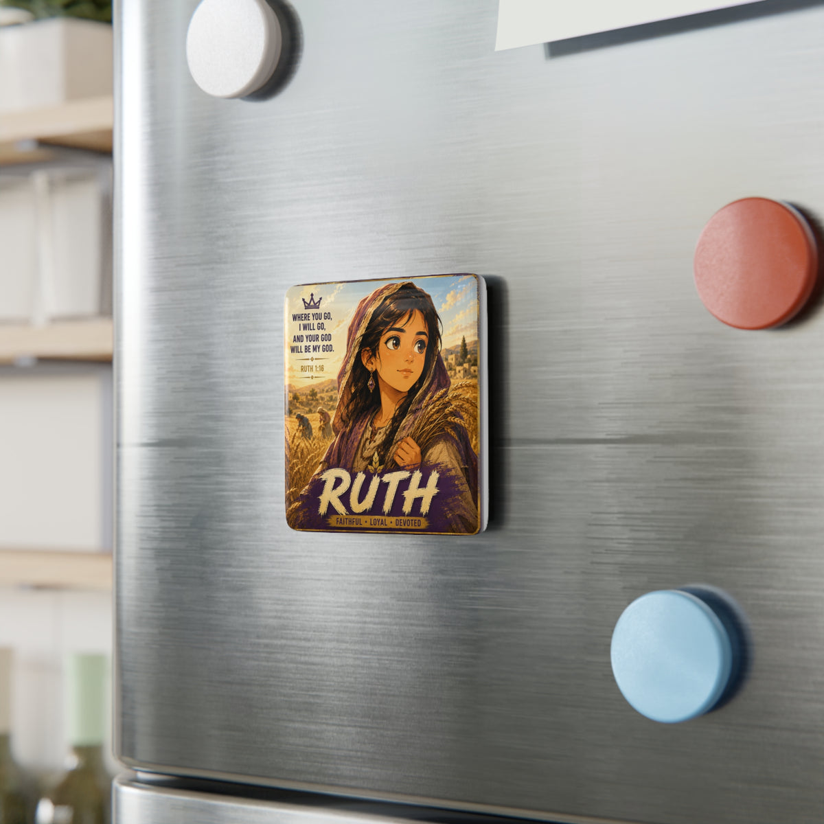 Ruth Porcelain Square Magnet — Illustrated Bible Verse (Ruth 1:16)