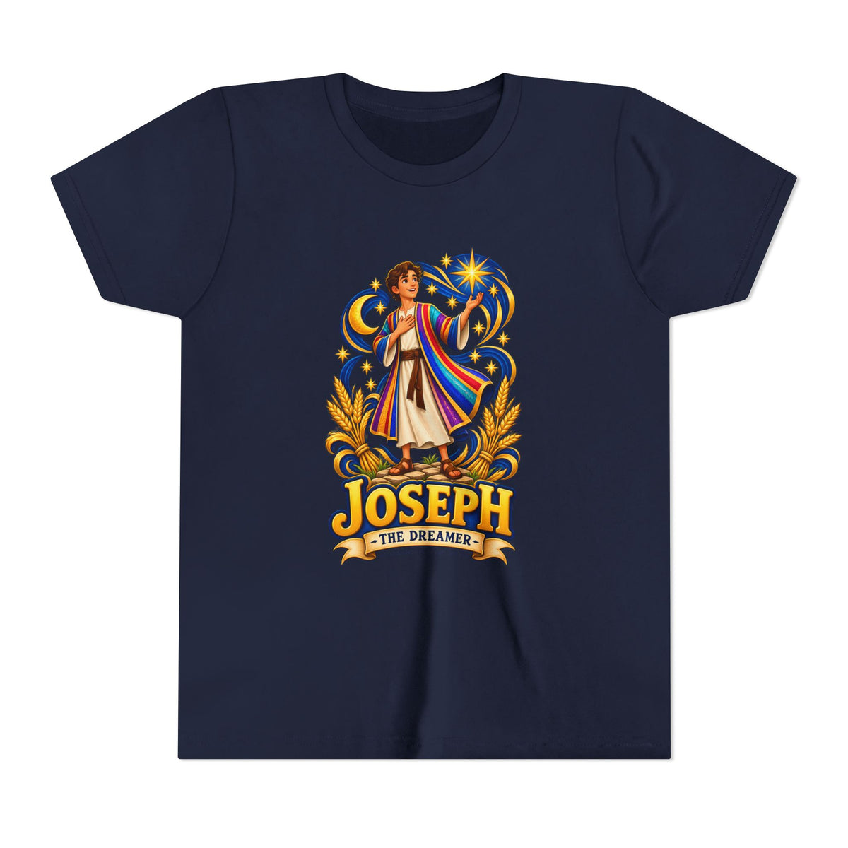 Joseph the Dreamer Youth T‑Shirt — Colorful Biblical Coat Design