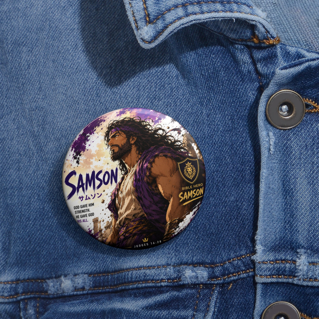 Samson Illustration Pin Button — Bible Hero Lapel Pin for Faith-Based Gifts