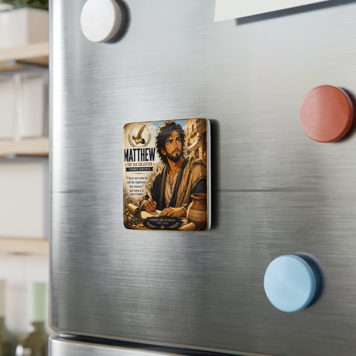 Matthew Porcelain Square Magnet — 'The Tax Collector Turned Disciple' Religious Bible Verse Decor (Matthew 9:13)