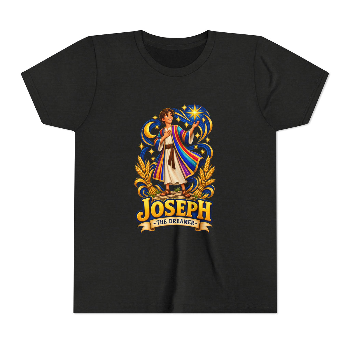Joseph the Dreamer Youth T‑Shirt — Colorful Biblical Coat Design