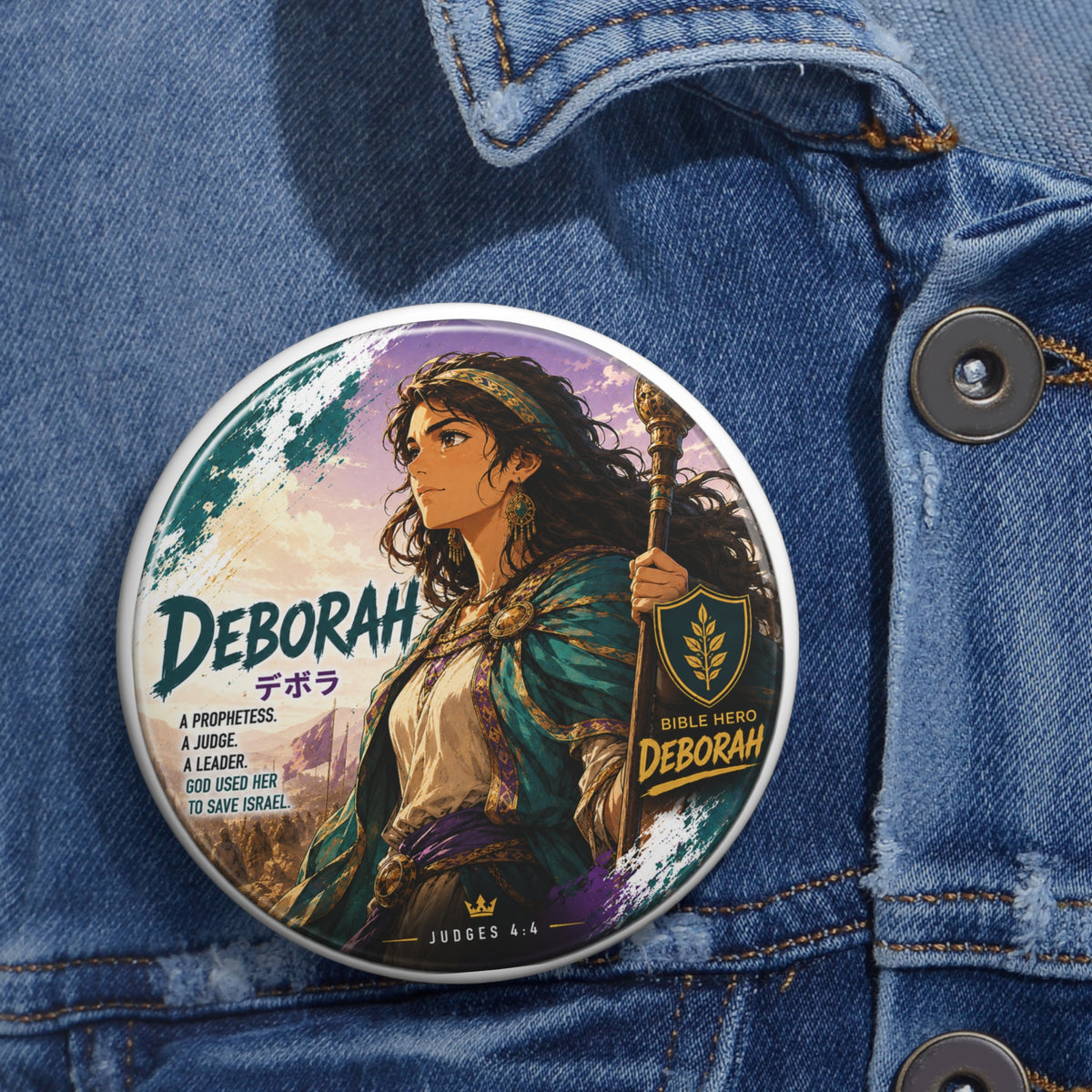 Deborah Illustrated Pin Button — Biblical Heroine Enamel-Style Badge