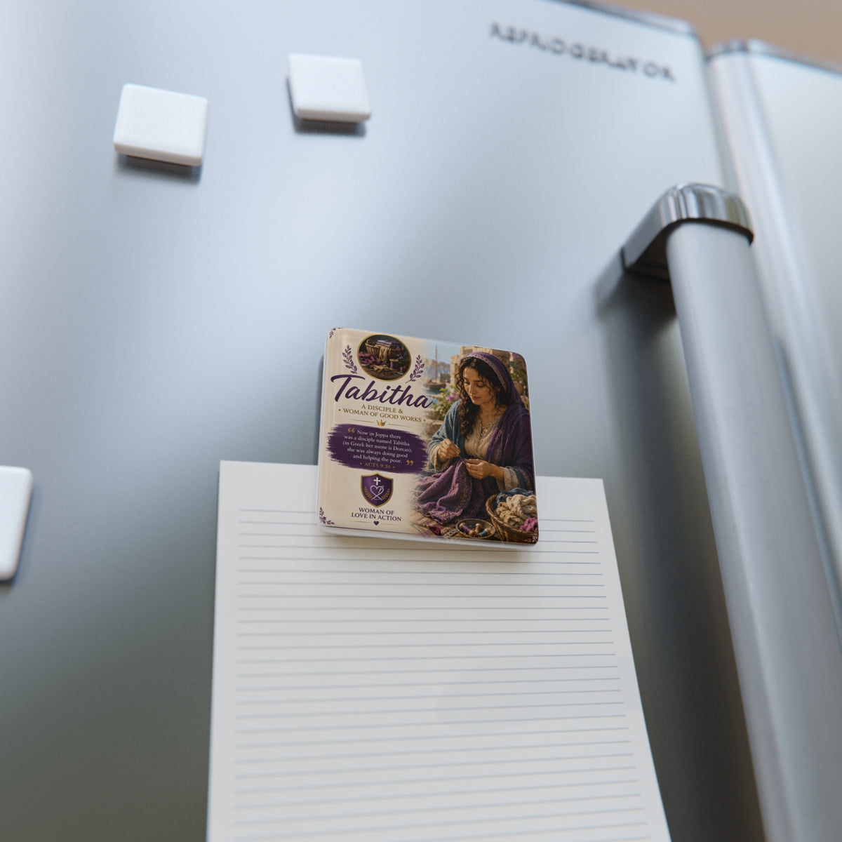 Tabitha Porcelain Square Magnet — ‘A Disciple & Woman of Good Works’ Inspirational Bible Verse Magnet