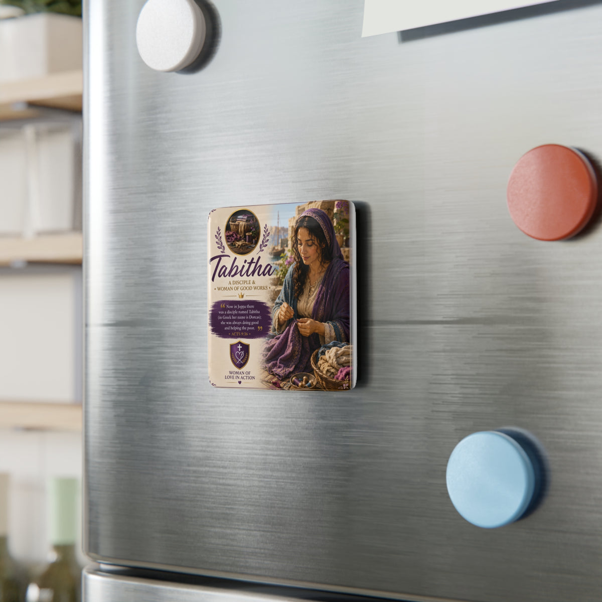 Tabitha Porcelain Square Magnet — ‘A Disciple & Woman of Good Works’ Inspirational Bible Verse Magnet