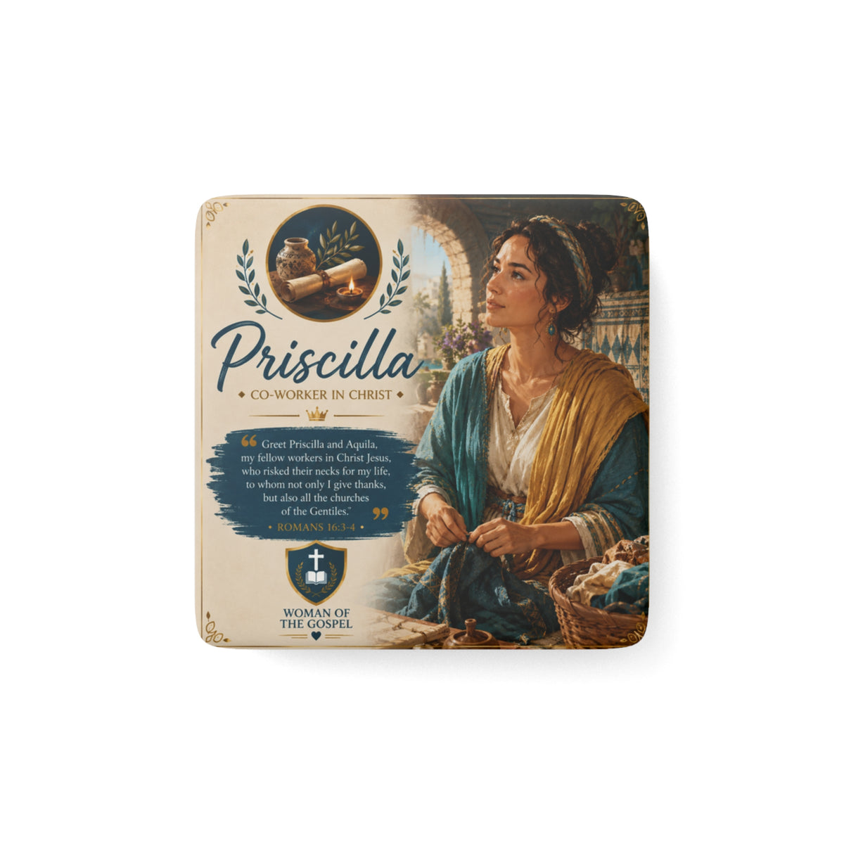 Porcelain Magnet — Priscilla 'Co-Worker in Christ' Inspirational Bible Verse Magnet